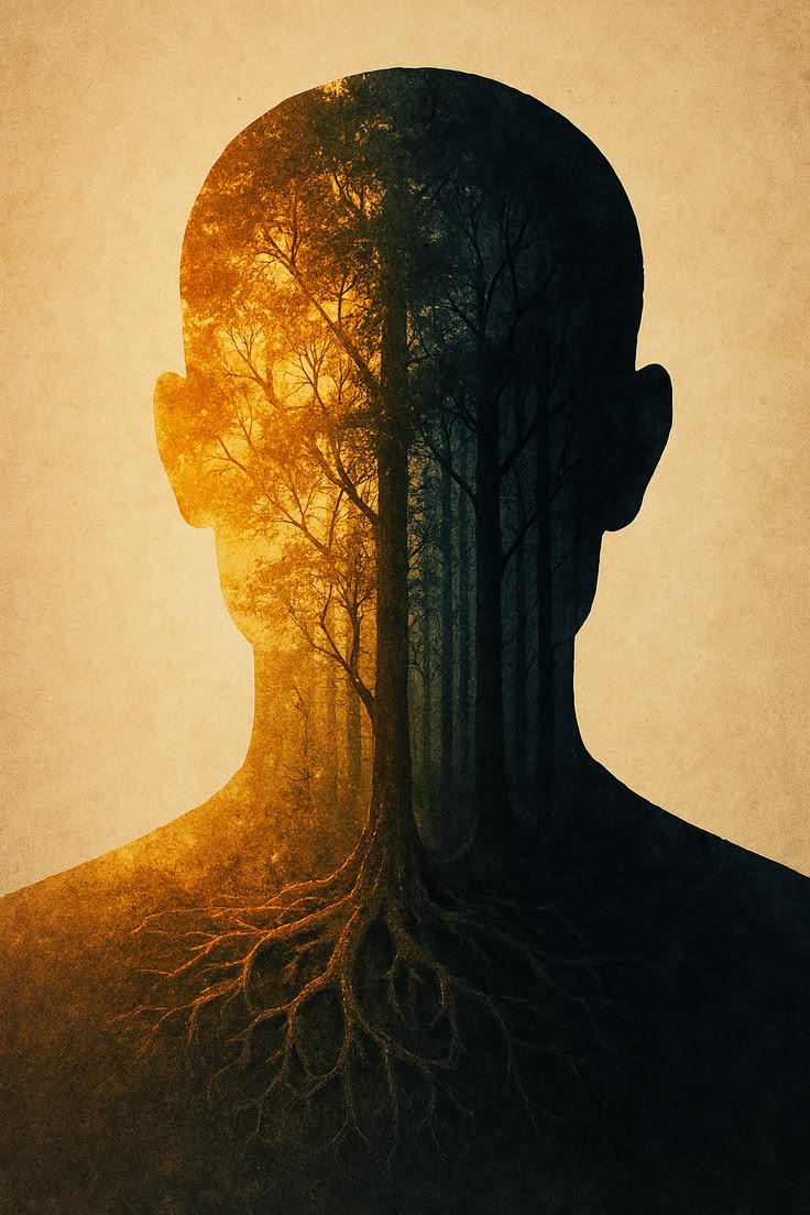 A human silhouette with a luminous tree and its roots growing within — symbolizing the original blueprint.